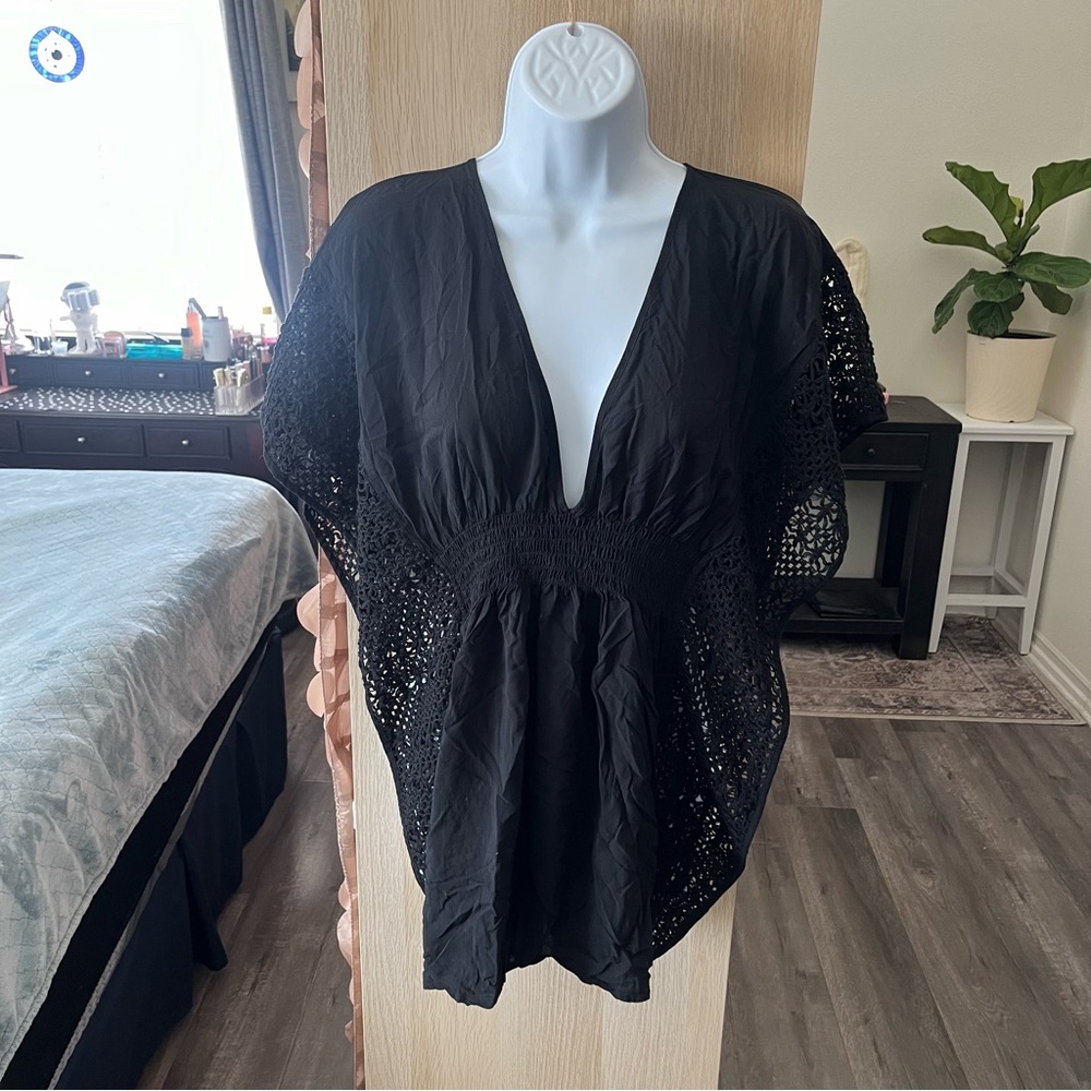Victorias Secret Black Crochet Lace Butterfly Sleeve Swim Cover Up‎ Small